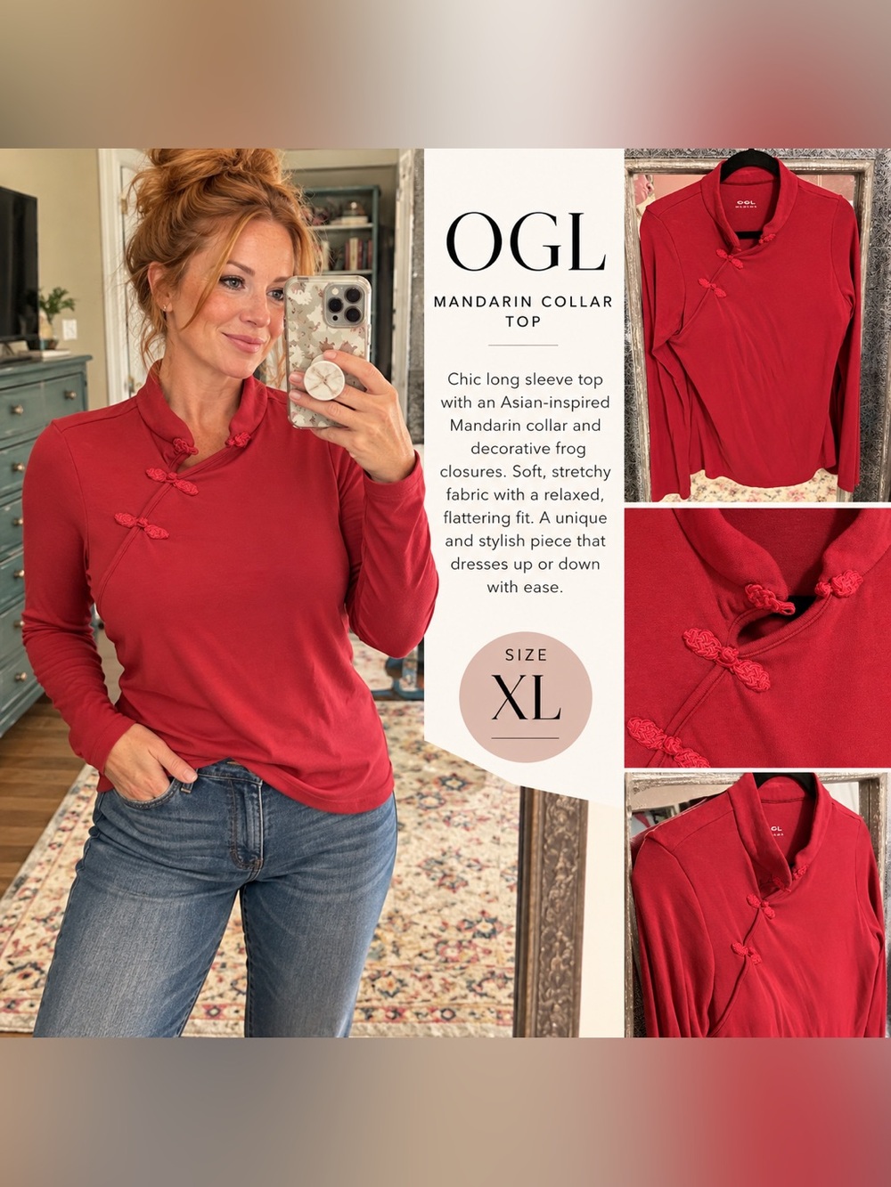 OGL Mandarin Collar Long-Sleeve Top in Red